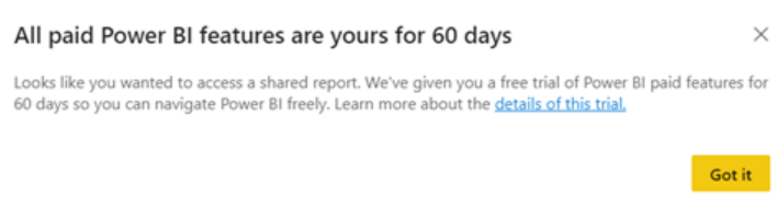 Power BI Pro ücretsiz deneme sürümü iletişim kutusunu gösteren ekran görüntüsü.