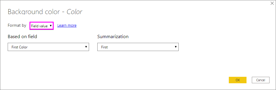 Dialog of Format style for background color of color column: Format style drop down is set to Field value