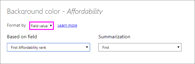 Dialog of Format style for background color of Affordability column: Format style drop down is set to Field value.