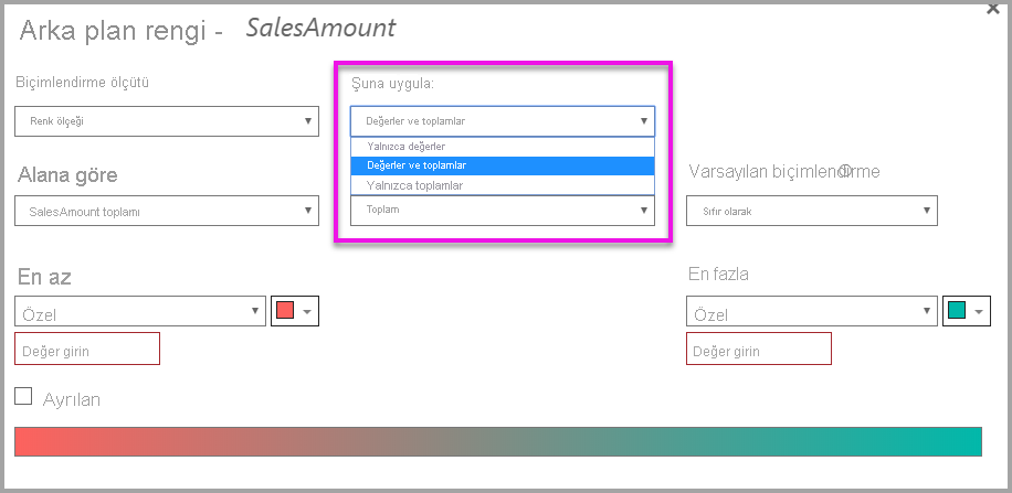 Conditional formatting dialog: Apply to dropdown is set to Values and totals.