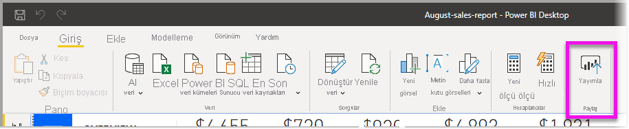 Yayımla'yı vurgulayan Power BI Giriş şeridinin ekran görüntüsü.