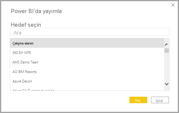 Power BI'da Yayımla iletişim kutusunun ekran görüntüsü.