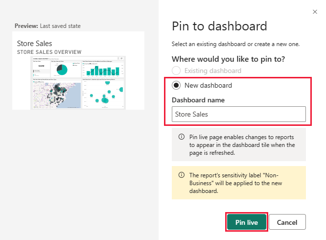 Screenshot shows the Pin to dashboard dialog box for adding to a new dashboard.