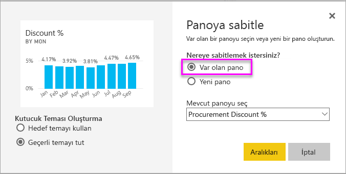 Var olan panoyu vurgulayan Panoya sabitle penceresinin ekran görüntüsü.