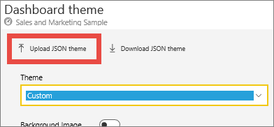 Screenshot of the Dashboard theme window, highlighting the Upload JSON theme option.