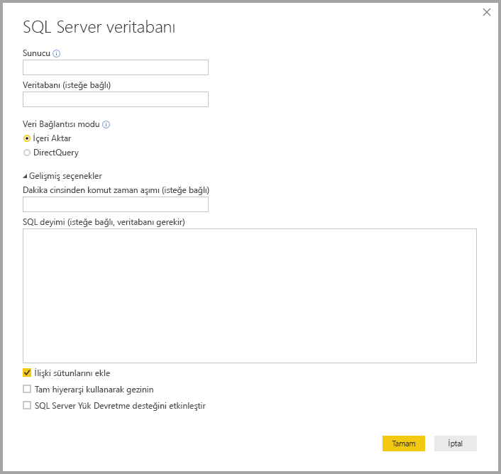 Screenshot of Power BI Desktop showing SQL Server database dialog box.