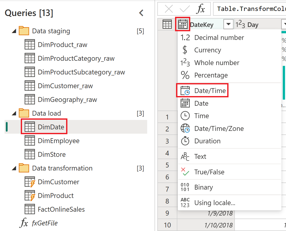 Power Query düzenleyicisindeki veri türlerini değiştirme işleminin ekran görüntüsü.