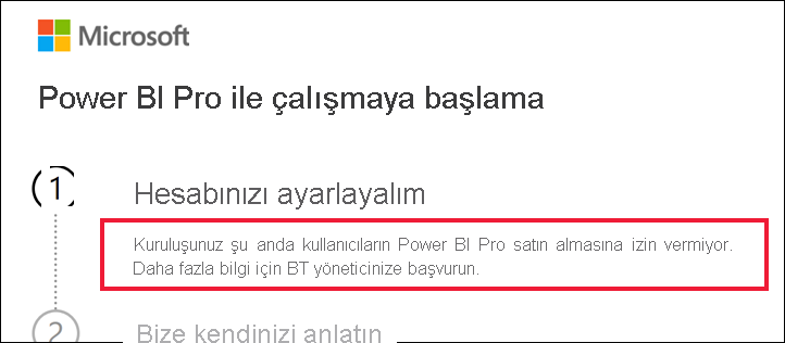 Kuruluşun kullanıcıların Power BI Pro satın almasına izin vermediğini belirten iletiyi gösteren başlarken iletişim kutusunun ekran görüntüsü.