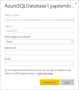 Azure SQL Veritabanı yapılandırma iletişim kutusunun ekran görüntüsü.