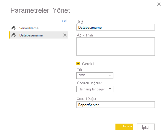 Manage Parameters, set servername and databasename.