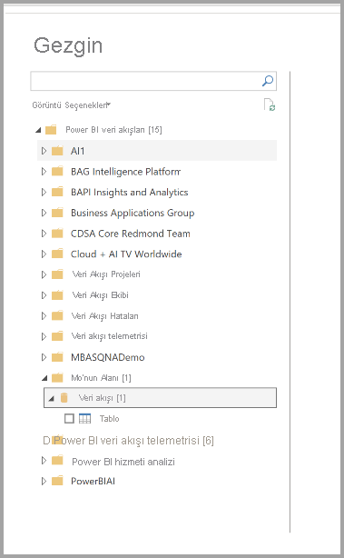 Power BI Desktop'ta bağlanacak veri akışlarını seçerek Gezgin'in ekran görüntüsü.