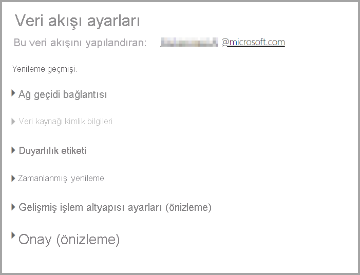 Veri akışı açılan listesinde Ayarlar seçtikten sonra veri akışının Ayarlar sayfasının ekran görüntüsü.