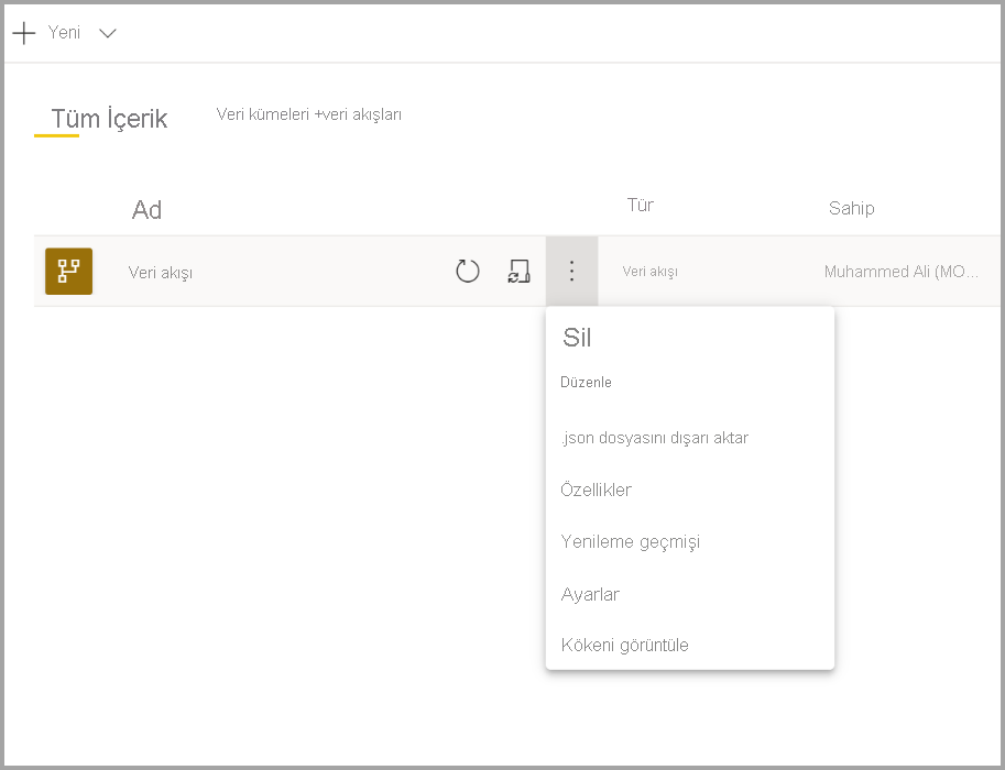 Power BI veri akışının açılan ayarlarının ekran görüntüsü.