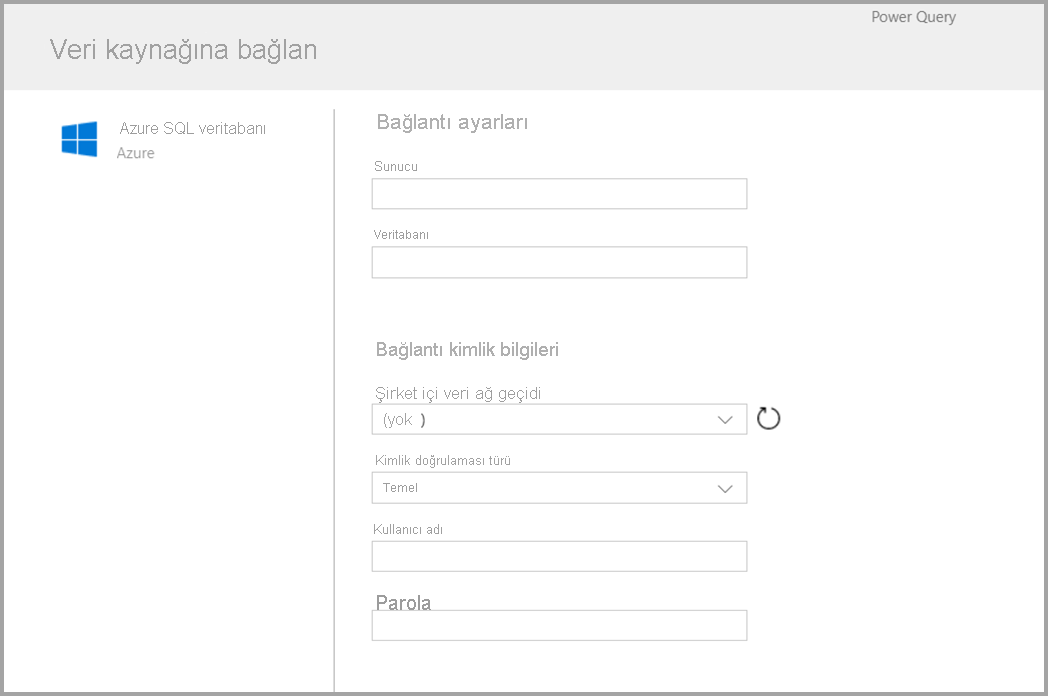 Screenshot of the form displayed after you choose Azure SQL as a connector.