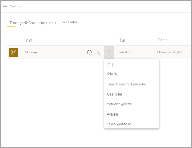 Screenshot of a selected dataflow with the more dropdown menu opened.