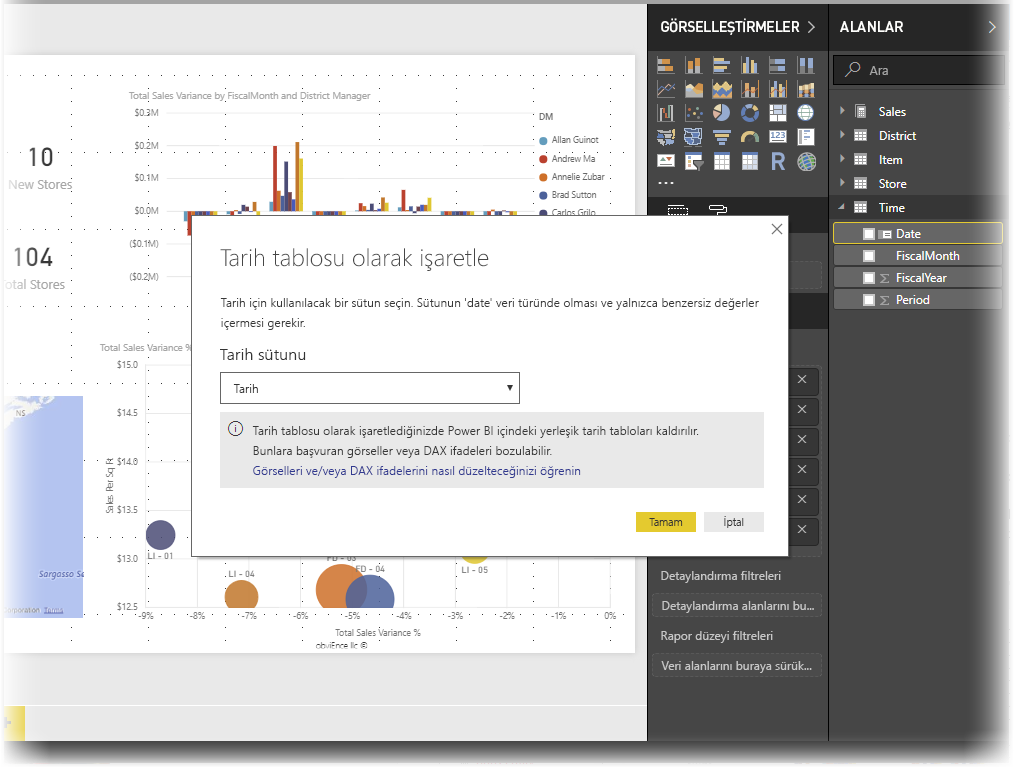 Screenshot of Power BI Desktop showing the Mark as date table dialog box.