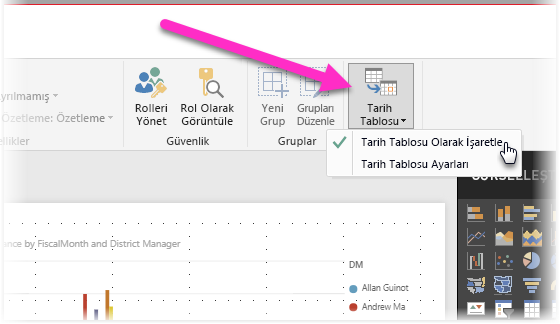 Screenshot of Power BI Desktop showing the Mark as date table button and options filter.