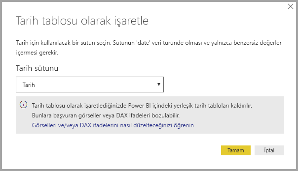 Screenshot of Power BI Desktop showing the Mark as date table dialog box with an important note.