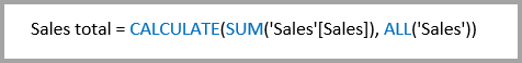 Betik örneğinin ekran görüntüsü. Örnek: Sales total = Calculate(Sum('Sales'[Sales]), All('Sales')).