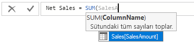 TOPLA formülü için SalesAmount öğesini seçme işleminin ekran görüntüsü.