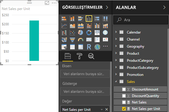 Satılan tüm ürünlere göre birim başına net satış tutarının ekran görüntüsü.