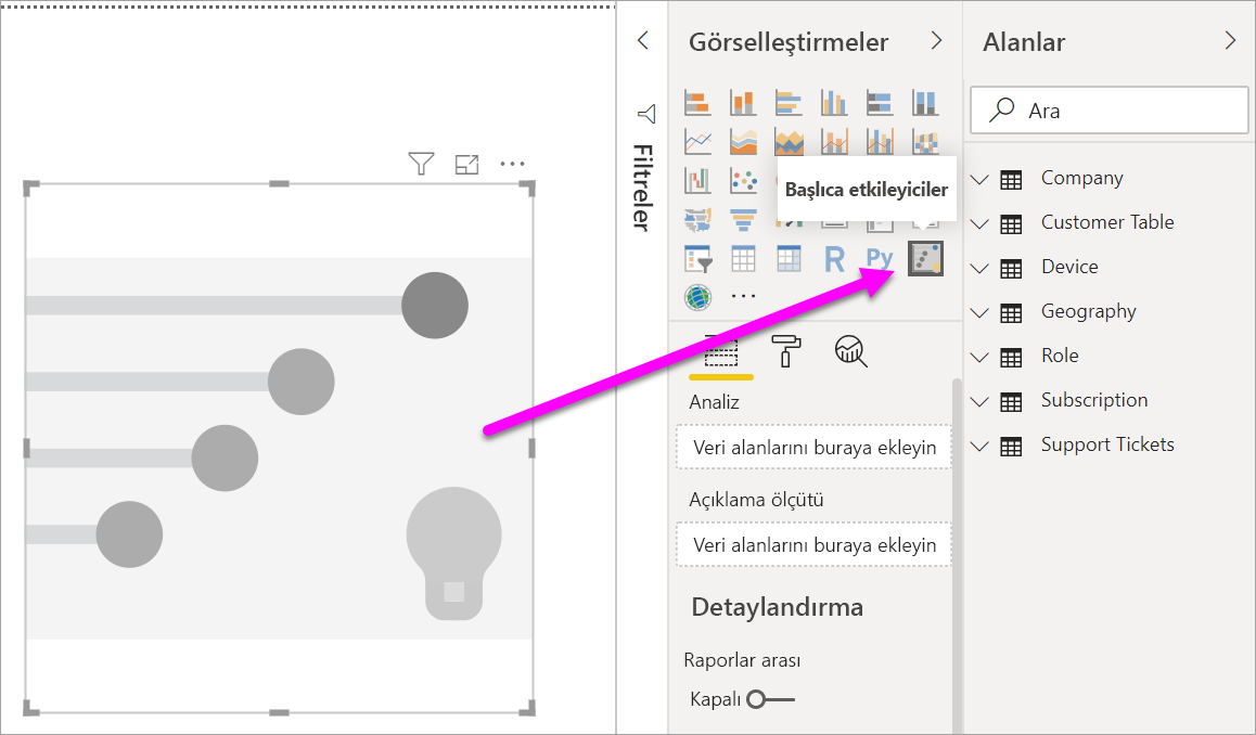 Screenshot of the Key influencers icon on the Visualizations pane.