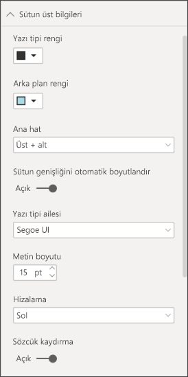 Screenshot that shows table column header options in the Format section of the Visualizations pane.