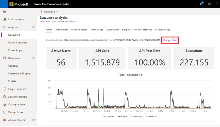 Dataverse analizleri filtreleri değiştirme.