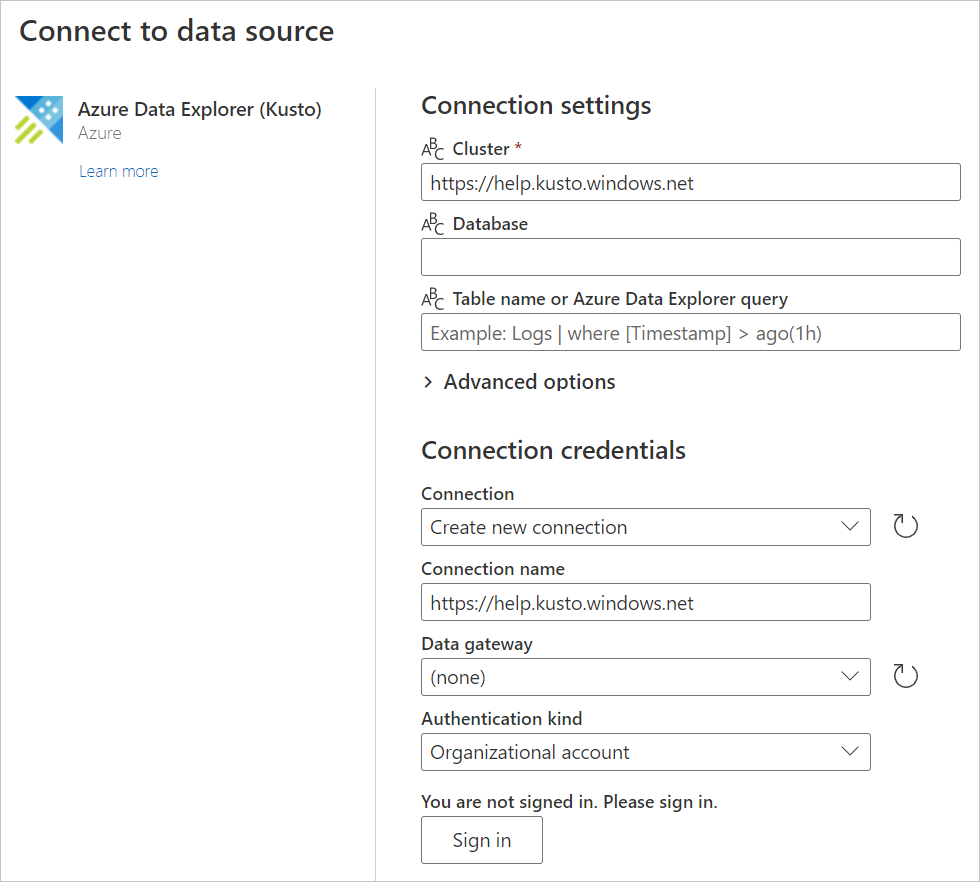 Kümenin URL'sinin girilmiş olduğu Azure Veri Gezgini (Kusto) için veri kaynağı seçin sayfasının ekran görüntüsü.