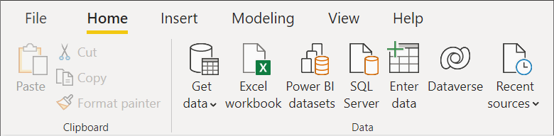 Power BI Desktop'ın Giriş şeridindeki Veri alanının ekran görüntüsü.