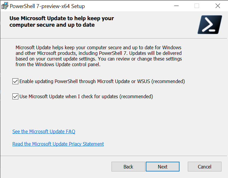 PowerShell kurulumu - Microsoft Update iletişim kutusu