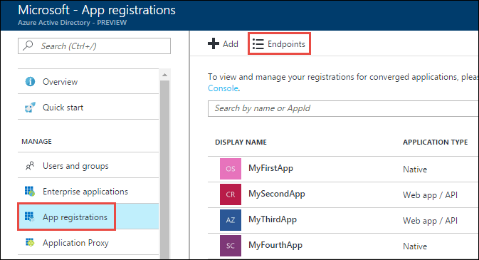 Uygulama kayıtları seçeneğinin ve Uç Noktalar seçeneğinin vurgulu olduğu Active Directory'nin ekran görüntüsü.