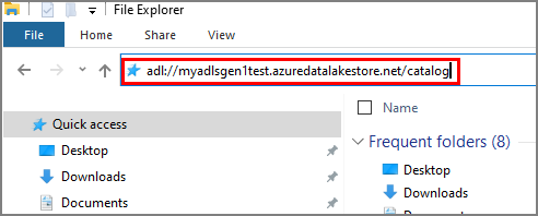 Dosya Gezgini penceresine kopyalanan bir Data Lake Storage 1. Nesil hesabındaki klasörün URL'sini gösterir