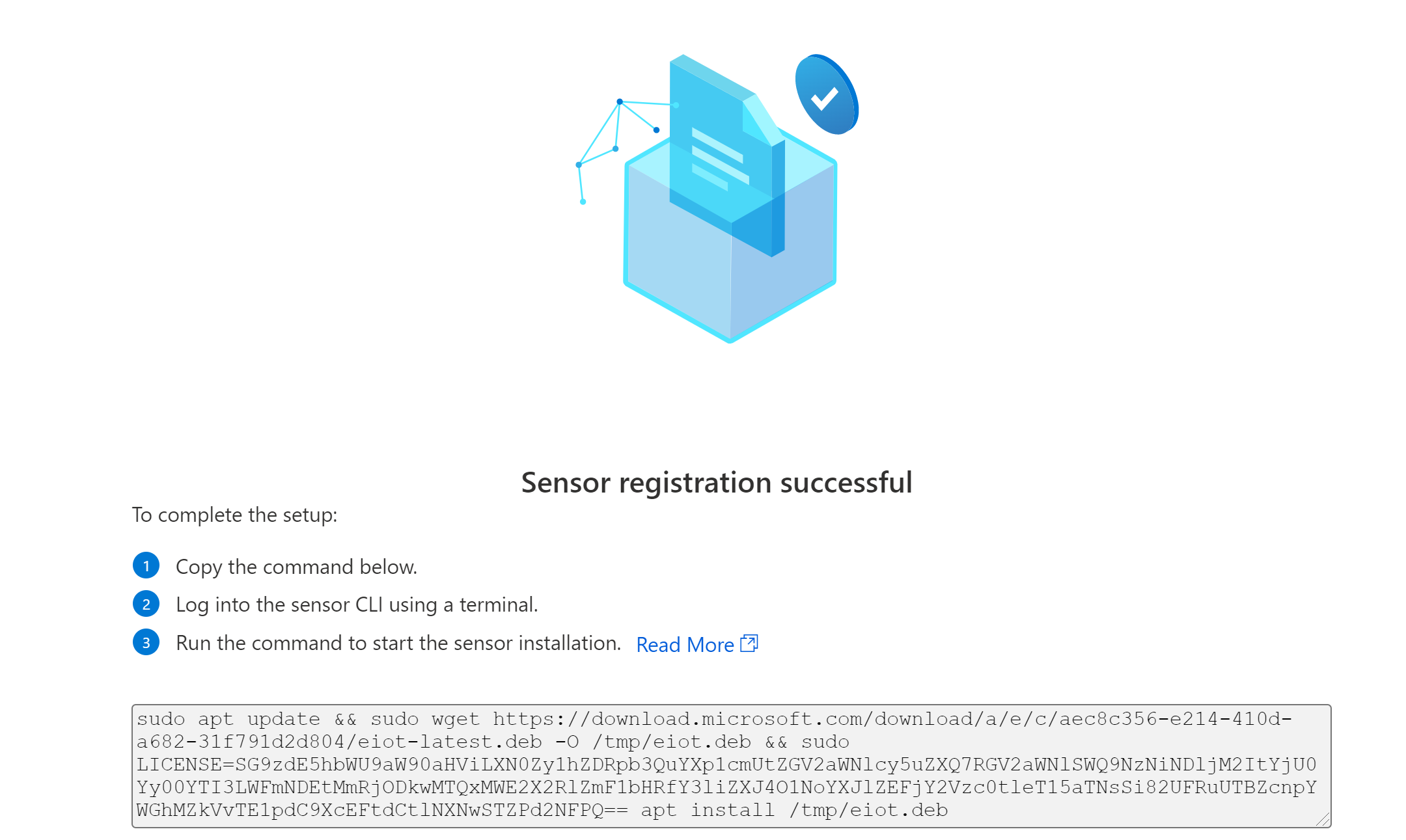 Enterprise IoT algılayıcısının başarılı kaydının ekran görüntüsü.