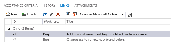 Example of links control added to a work item form