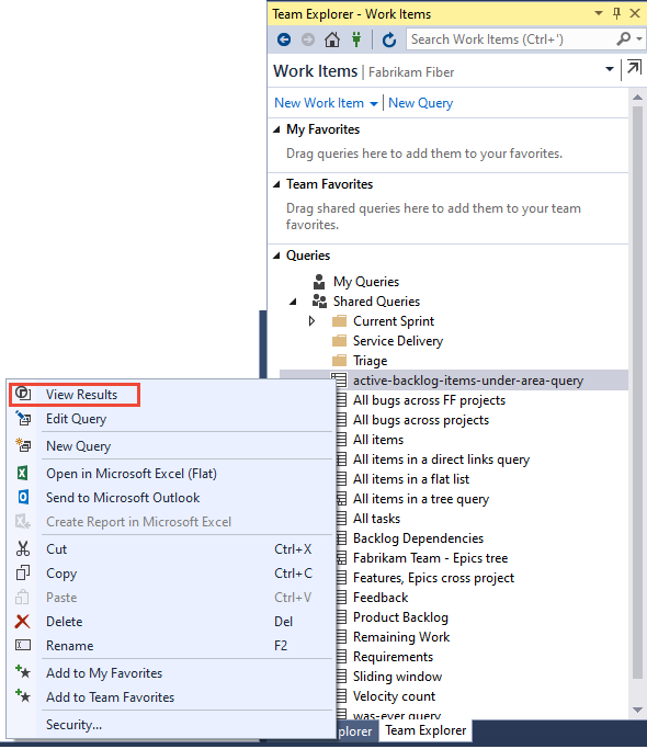 Screenshot of Team Explorer, open context menu for a query, choose View Results.