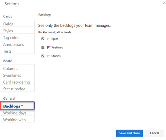 Team settings dialog, Backlogs tab