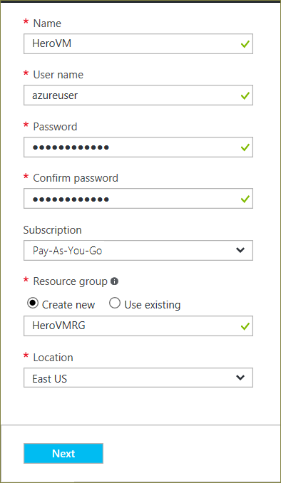 Azure VM'sini yapılandırmaya yönelik Temel bilgiler dikey penceresindeki ayarları gösteren ekran görüntüsü