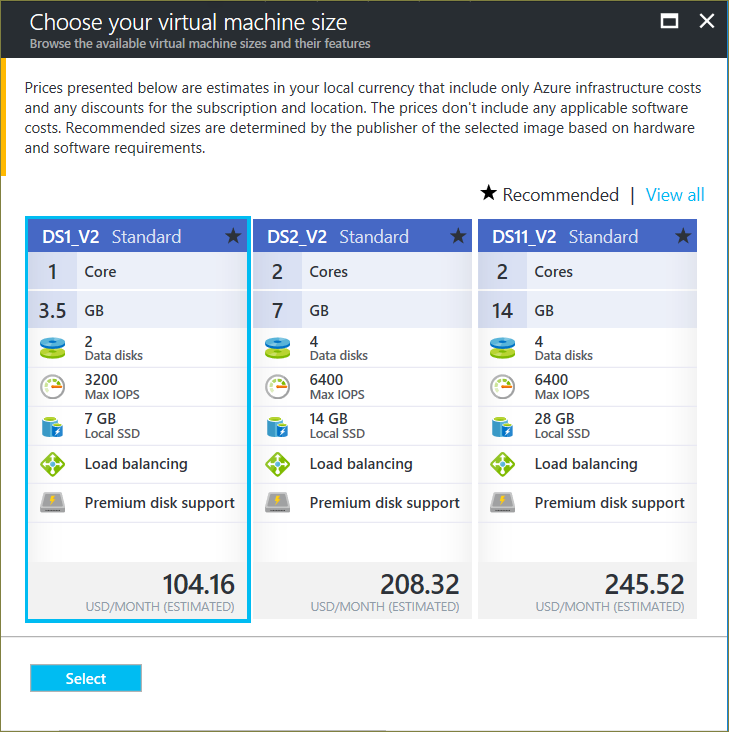 Seçebileceğiniz Azure VM boyutlarını gösteren Boyut dikey penceresi ekran görüntüsü