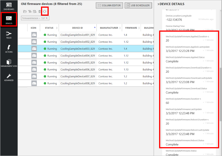 Device list showing firmware update status