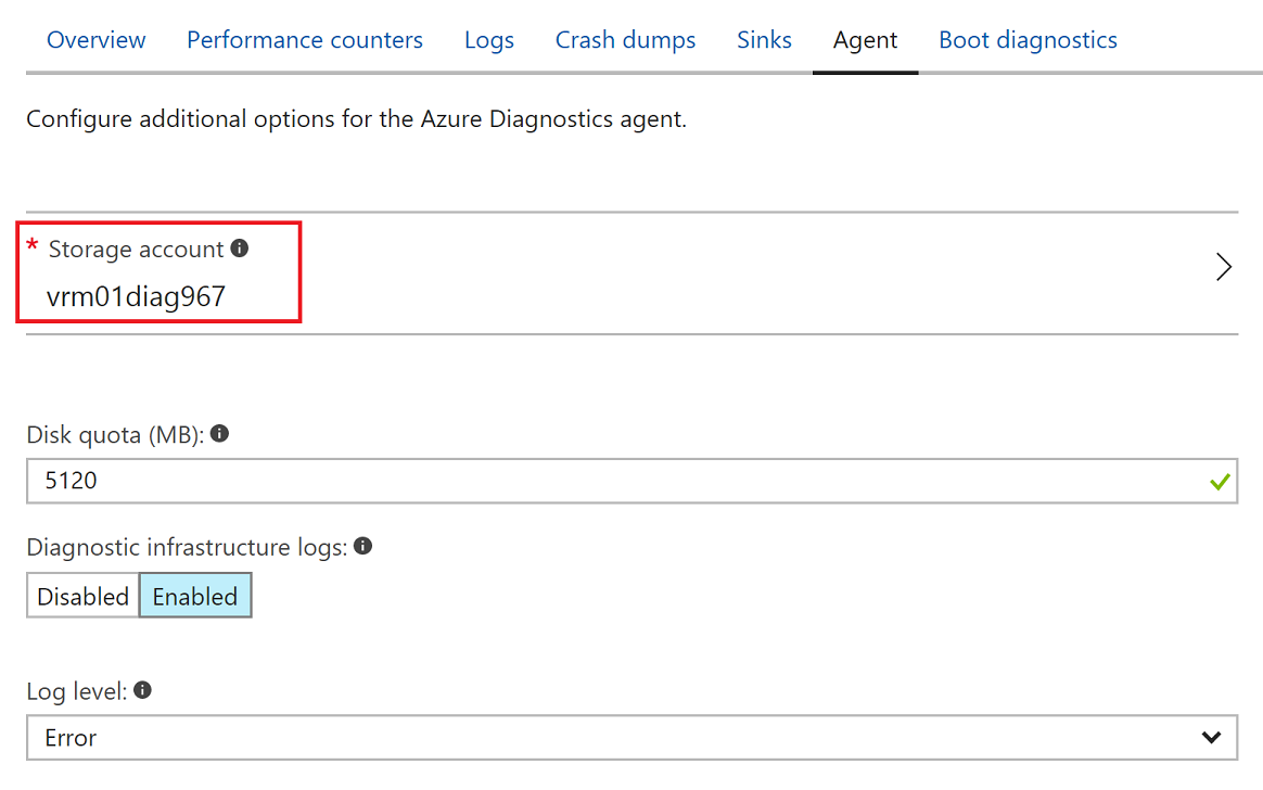 Azure Tanılama Ayarları bölmesinin ekran görüntüsü