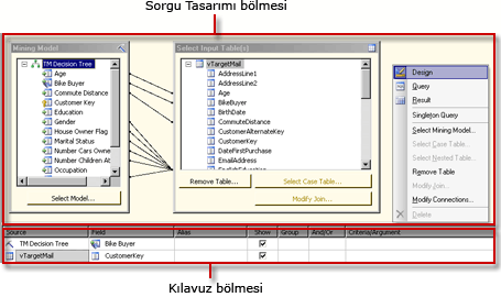 Analysis Services DMX sorgu tasarımcısı, tasarım görünümü