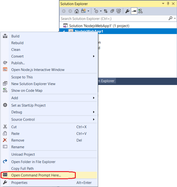 Screenshot that shows Open Command Prompt Here in the project context menu.