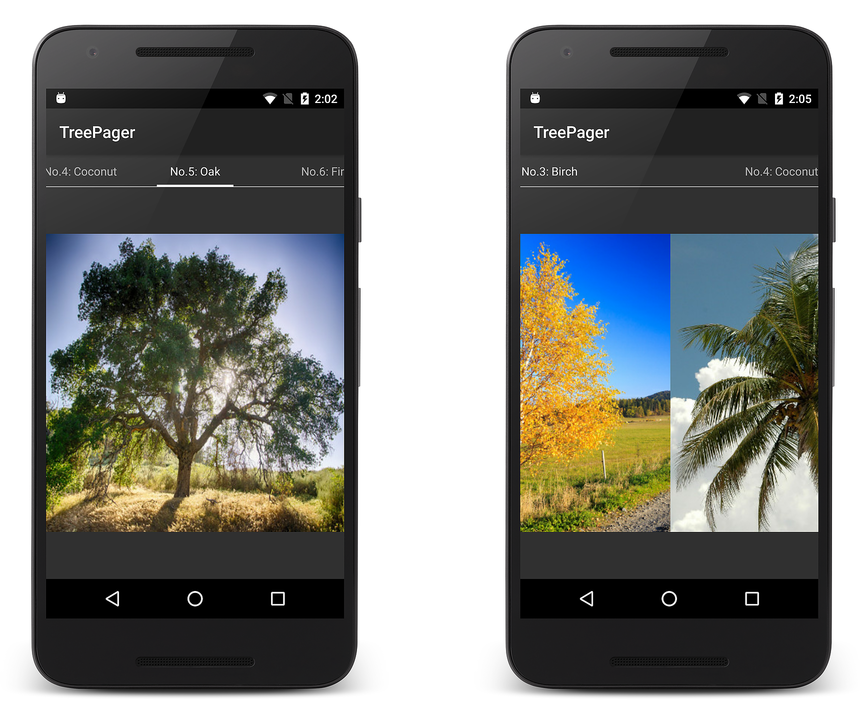 Yatay çekme örneğiyle TreePager uygulamasının ekran görüntüleri