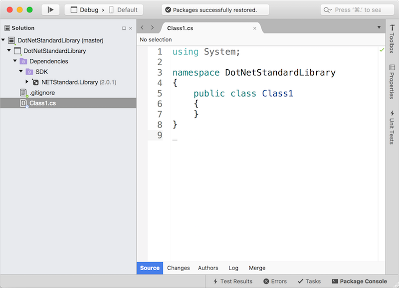 Dependencies node in the solution indicates .NET Standard