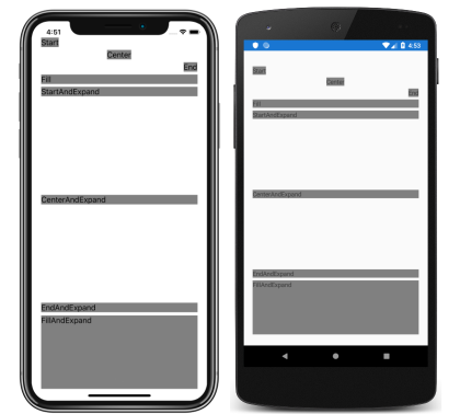 iOS ve Android’de hizalama ve genişletme seçenekleri ayarlanmış olan StackLayout’taki alt öğe görünümleri ekran görüntüsü