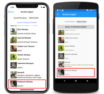 iOS ve Android'de ScrollToPosition.MakeVisible ile CollectionView dikey listesinin ekran görüntüsü