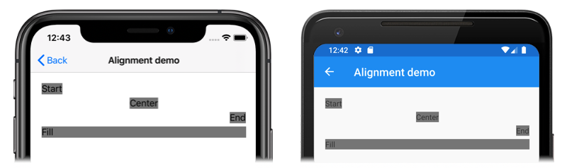 Hizalama seçeneklerinin ayarlandığı StackLayout'un ekran görüntüsü