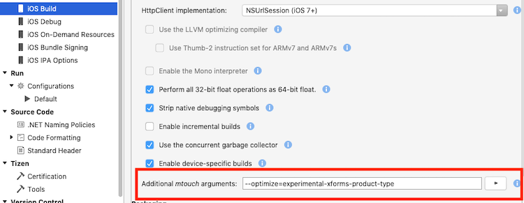 iOS Derlemesi bölümünde bayrağı ayarlama