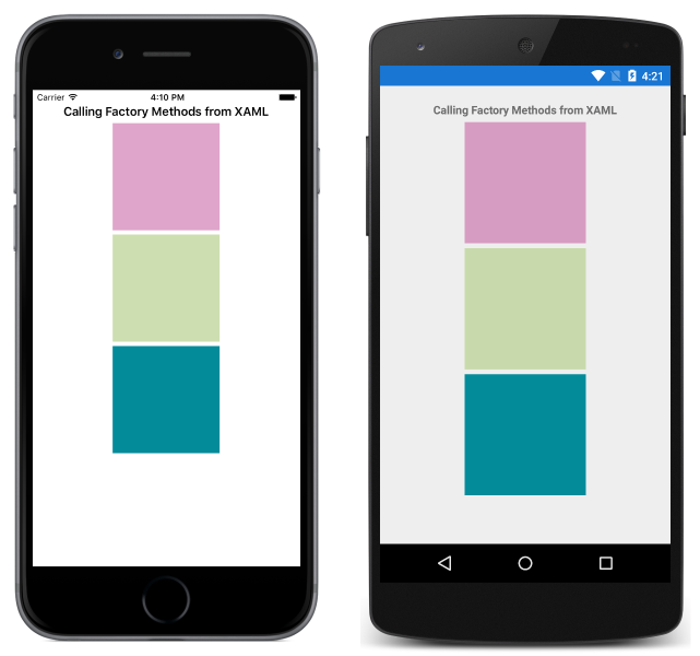 x:FactoryMethod ve x:Arguments ile belirtilen BoxView.Color